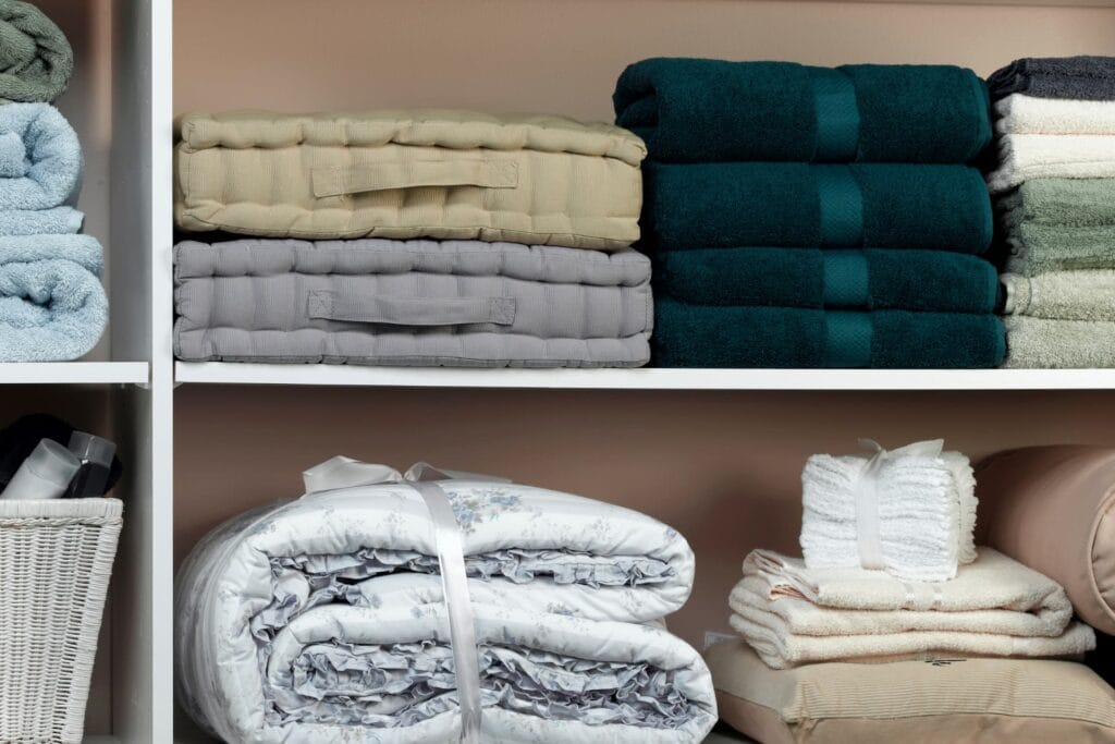 Neatly folded blankets and towels