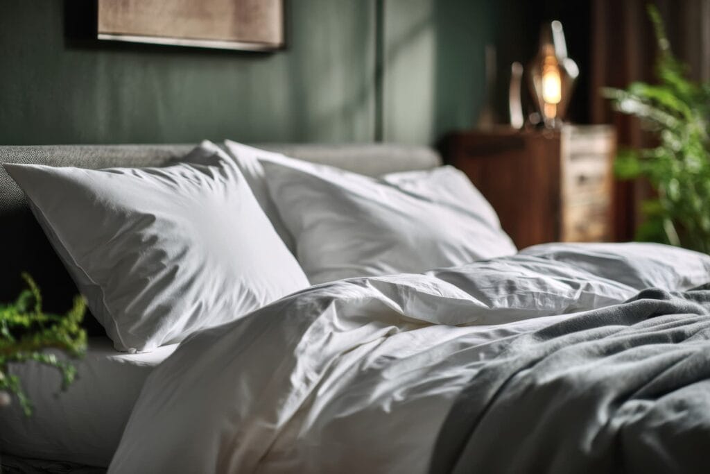 Cozy white bedding with pillows
